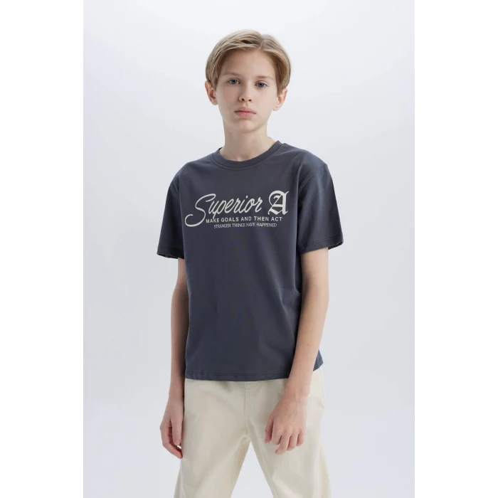 Defacto D9256 Antrasit Erkek Çocuk Bisiklet Yaka Baskılı Kısa Kollu Tişört