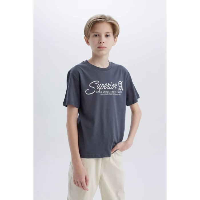 Defacto D9256 Antrasit Erkek Çocuk Bisiklet Yaka Baskılı Kısa Kollu Tişört