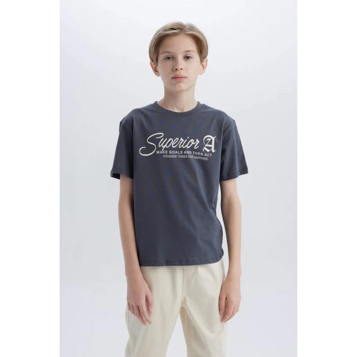 Defacto D9256 Antrasit Erkek Çocuk Bisiklet Yaka Baskılı Kısa Kollu Tişört