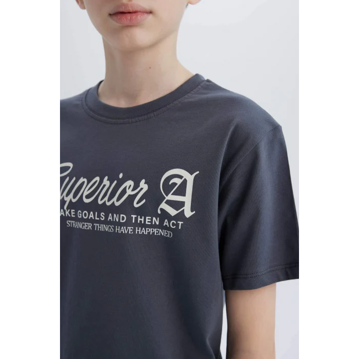 Defacto D9256 Antrasit Erkek Çocuk Bisiklet Yaka Baskılı Kısa Kollu Tişört