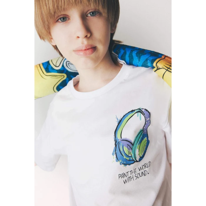 Defacto F0177 Beyaz Erkek Çocuk Bisiklet Yaka Baskılı Kısa Kollu Tişört