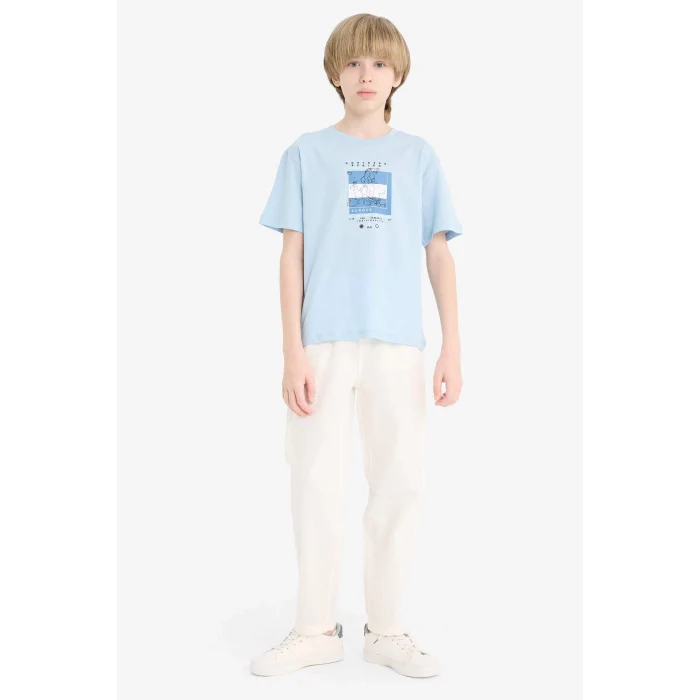 Defacto F0172 Mavi Erkek Çocuk Bisiklet Yaka Baskılı Kısa Kollu Tişört