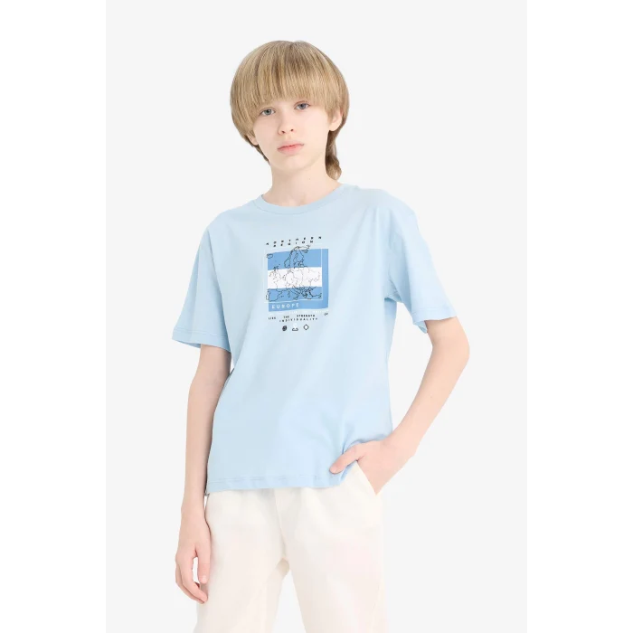 Defacto F0172 Mavi Erkek Çocuk Bisiklet Yaka Baskılı Kısa Kollu Tişört