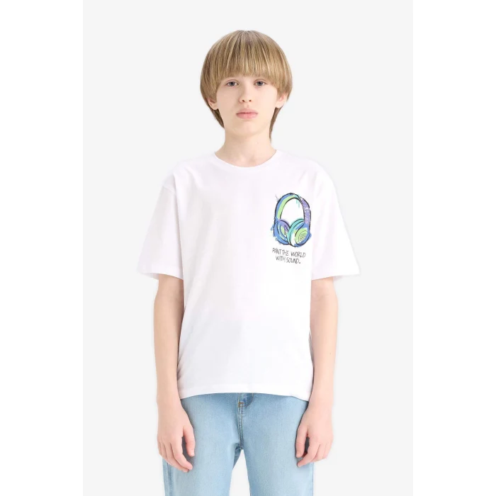 Defacto F0177 Beyaz Erkek Çocuk Bisiklet Yaka Baskılı Kısa Kollu Tişört