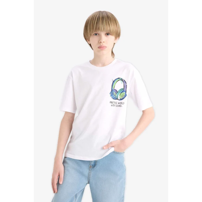 Defacto F0177 Beyaz Erkek Çocuk Bisiklet Yaka Baskılı Kısa Kollu Tişört