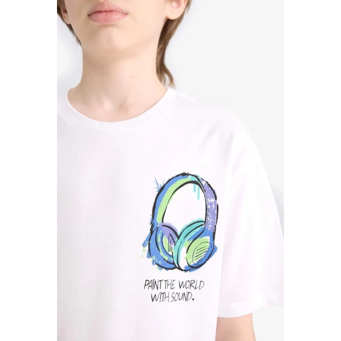 Defacto F0177 Beyaz Erkek Çocuk Bisiklet Yaka Baskılı Kısa Kollu Tişört