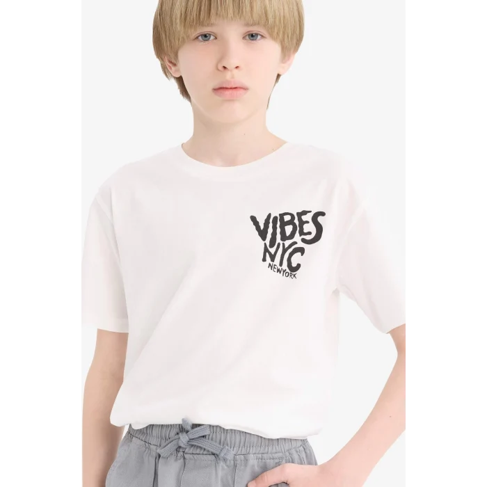 Defacto E6314 Beyaz Erkek Çocuk Bisiklet Yaka Baskılı Kısa Kollu Tişört