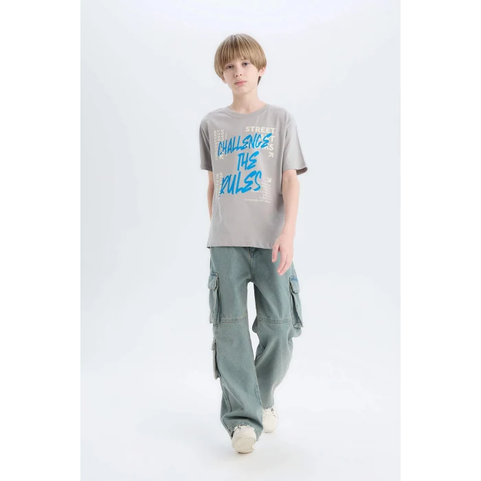 Defacto D9284 Gri Erkek Çocuk Bisiklet Yaka Baskılı Kısa Kollu Tişört