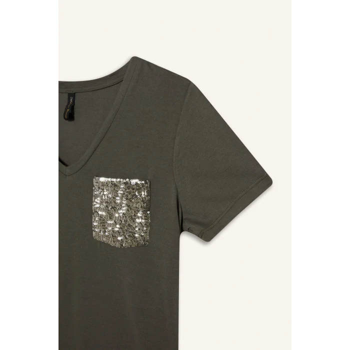 Defacto U3769 Haki Regular Fit V Yaka Cepli Kısa Kollu Tişört