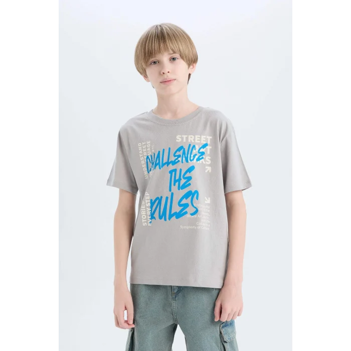 Defacto D9284 Gri Erkek Çocuk Bisiklet Yaka Baskılı Kısa Kollu Tişört