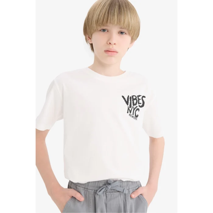 Defacto E6314 Beyaz Erkek Çocuk Bisiklet Yaka Baskılı Kısa Kollu Tişört