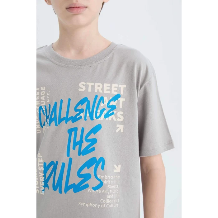 Defacto D9284 Gri Erkek Çocuk Bisiklet Yaka Baskılı Kısa Kollu Tişört