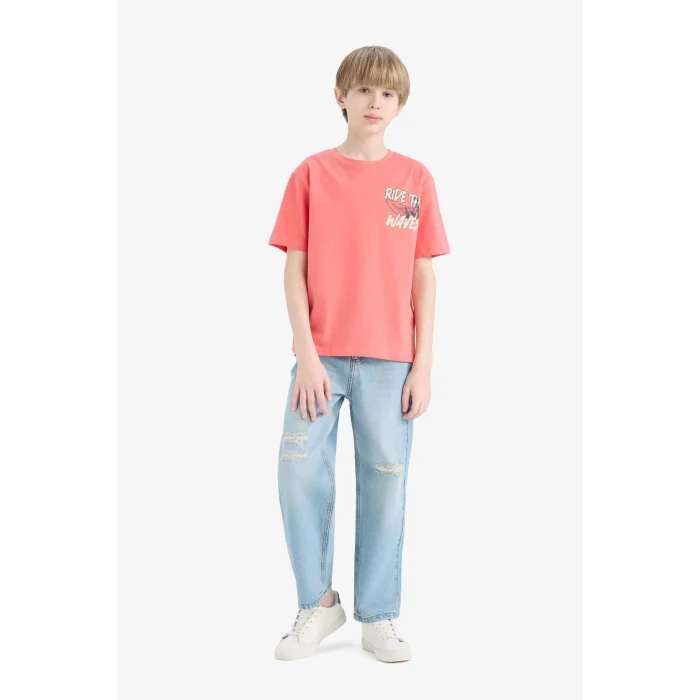 Defacto E0185 Kırmızı Erkek Çocuk Bisiklet Yaka Baskılı Kısa Kollu Tişört