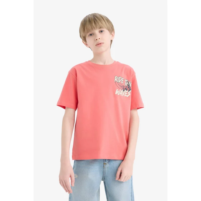 Defacto E0185 Kırmızı Erkek Çocuk Bisiklet Yaka Baskılı Kısa Kollu Tişört