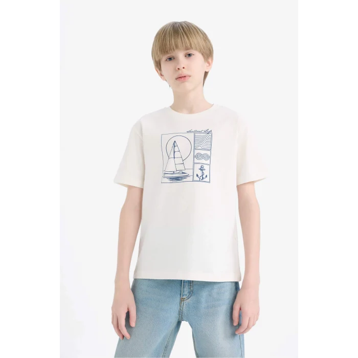 Defacto E0182 Beyaz Erkek Çocuk Bisiklet Yaka Baskılı Kısa Kollu Tişört