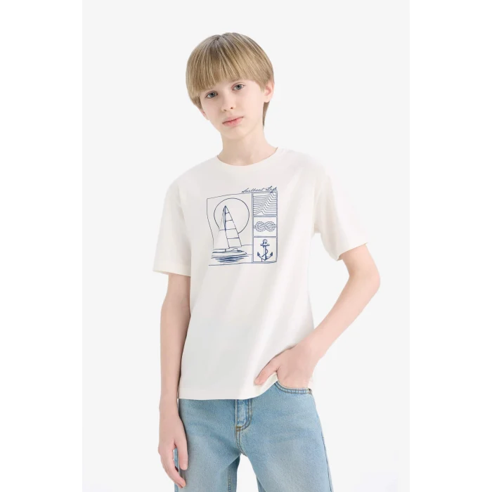 Defacto E0182 Beyaz Erkek Çocuk Bisiklet Yaka Baskılı Kısa Kollu Tişört