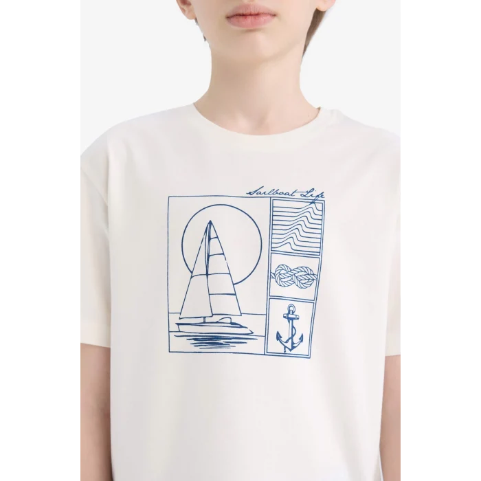 Defacto E0182 Beyaz Erkek Çocuk Bisiklet Yaka Baskılı Kısa Kollu Tişört