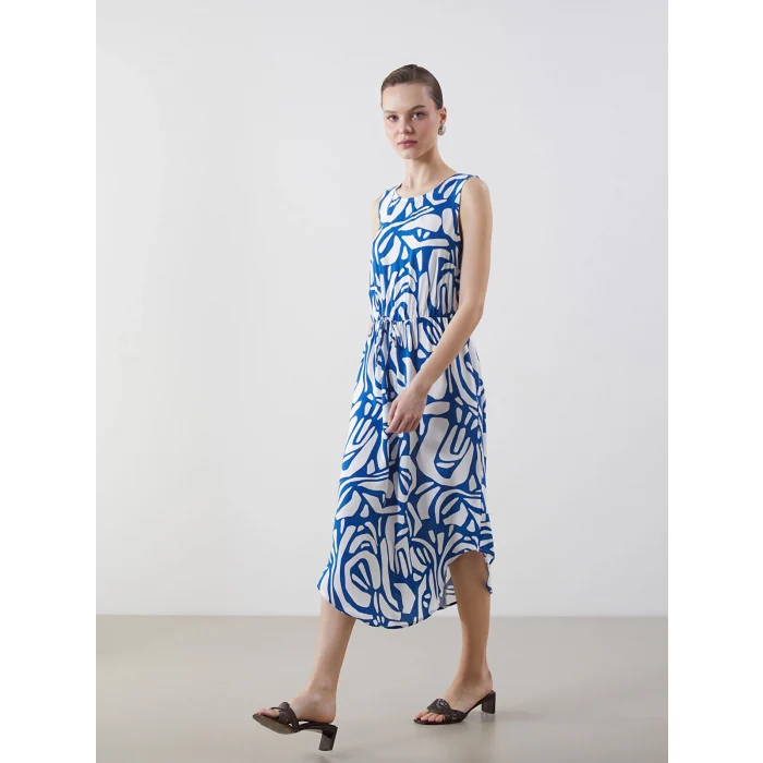 LCWAIKIKI Classic Lacivert Bisiklet Yaka Desenli Elbise