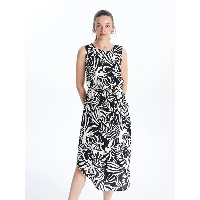 LCWAIKIKI Classic Siyah Bisiklet Yaka Desenli Elbise