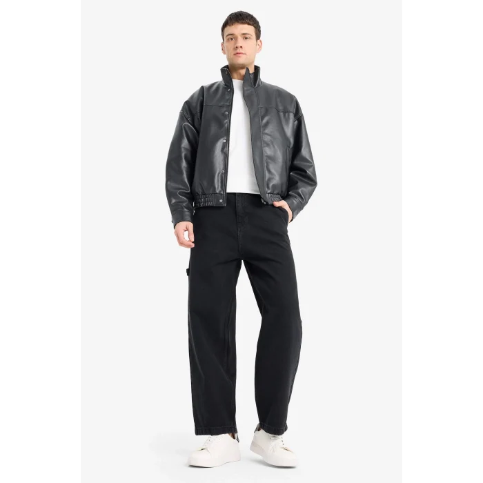 Defacto D2427 Siyah Su İtici Suni Deri Mont Ceket Oversize Geniş Kalıp Dik Yaka Fermuarlı Çıtçıt Kapamalı Cepli