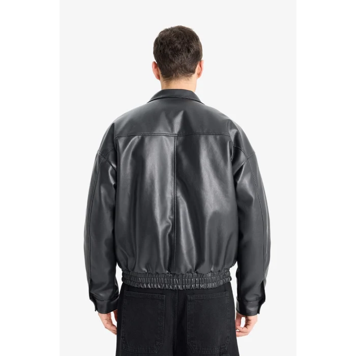 Defacto D2427 Siyah Su İtici Suni Deri Mont Ceket Oversize Geniş Kalıp Dik Yaka Fermuarlı Çıtçıt Kapamalı Cepli