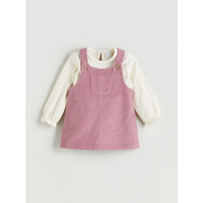 LCW baby Pembe Bisiklet Yaka Kadife Kız Bebek Bluz ve Salopet 2li