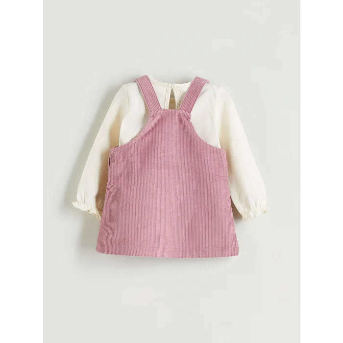 LCW baby Pembe Bisiklet Yaka Kadife Kız Bebek Bluz ve Salopet 2li