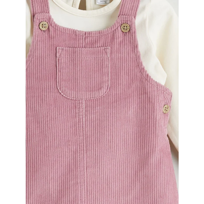 LCW baby Pembe Bisiklet Yaka Kadife Kız Bebek Bluz ve Salopet 2li