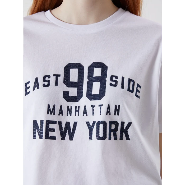 XSIDE Beyaz Bisiklet Yaka New York Baskılı Kadın Tişört