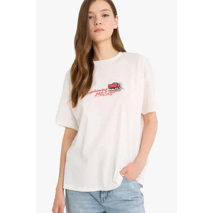 Defacto F5159 Beyaz Coool Cars Oversize Geniş Kalıp Baskılı Kısa Kollu Tişört