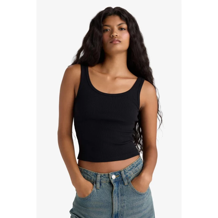 Defacto E5540 Siyah Slim Fit Dar Kesim Basic Düz Yuvarlak Yaka Fitilli Kaşkorse Atlet