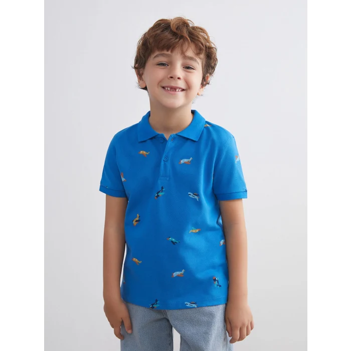 LCW Kids Mavi Polo Yaka Baskılı Erkek Çocuk Tişört