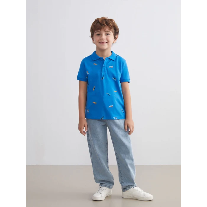 LCW Kids Mavi Polo Yaka Baskılı Erkek Çocuk Tişört