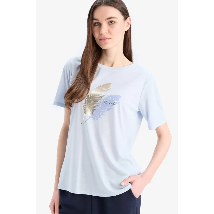 Defacto E1164 Mavi Regular Fit Bisiklet Yaka Baskılı Kısa Kollu Tişört