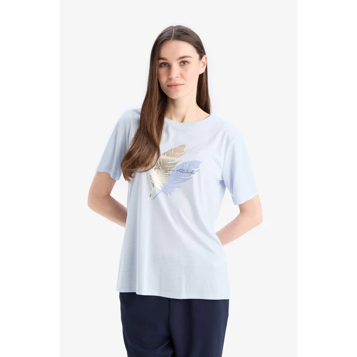 Defacto E1164 Mavi Regular Fit Bisiklet Yaka Baskılı Kısa Kollu Tişört