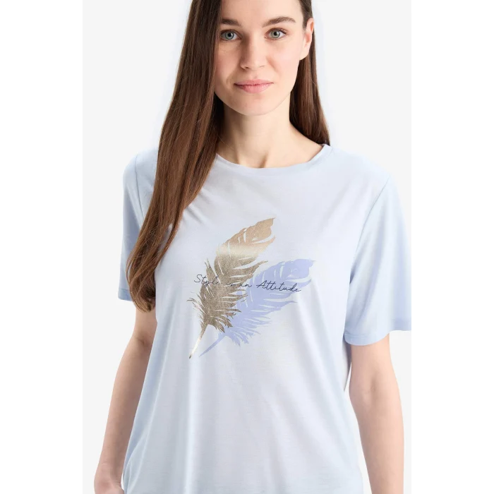 Defacto E1164 Mavi Regular Fit Bisiklet Yaka Baskılı Kısa Kollu Tişört