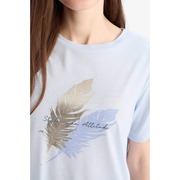 Defacto E1164 Mavi Regular Fit Bisiklet Yaka Baskılı Kısa Kollu Tişört