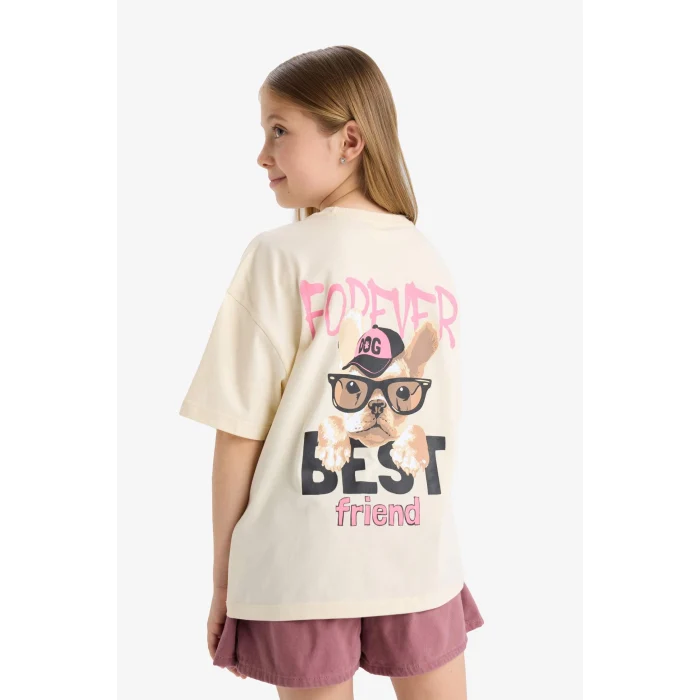 Defacto E0357 Ekru Kız Çocuk Oversize Geniş Kalıp Bisiklet Yaka Sırt Baskılı Kısa Kollu Tişört