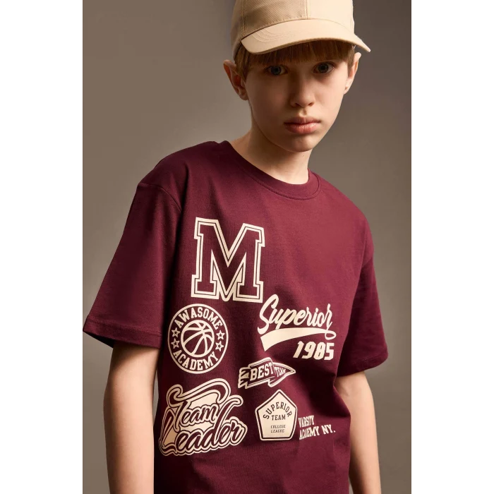 Defacto E0090 Bordo Erkek Çocuk Bisiklet Yaka Baskılı Kısa Kollu Tişört