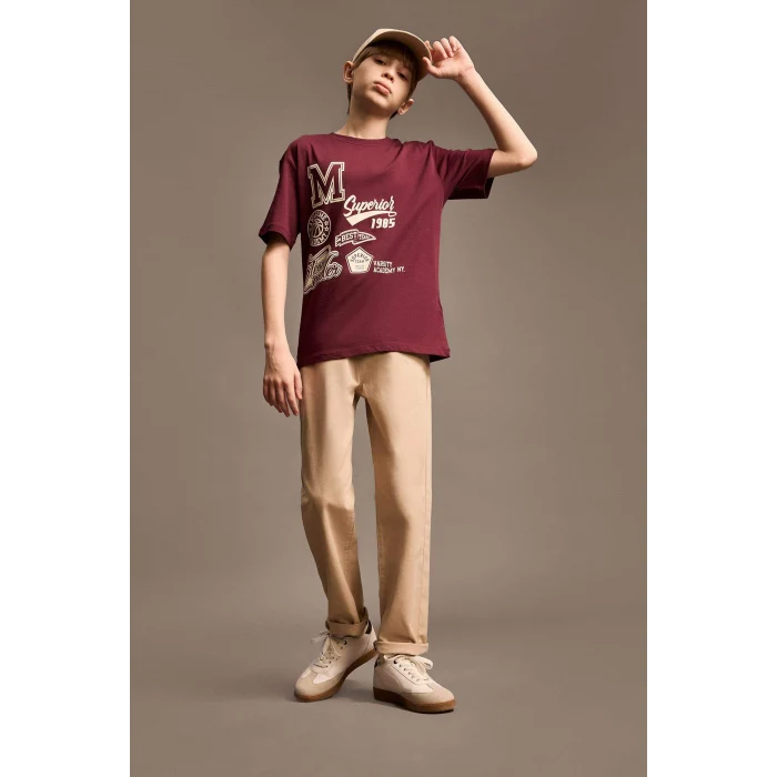 Defacto E0090 Bordo Erkek Çocuk Bisiklet Yaka Baskılı Kısa Kollu Tişört