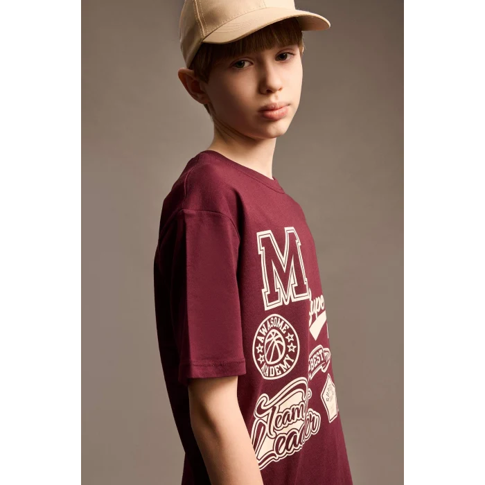 Defacto E0090 Bordo Erkek Çocuk Bisiklet Yaka Baskılı Kısa Kollu Tişört