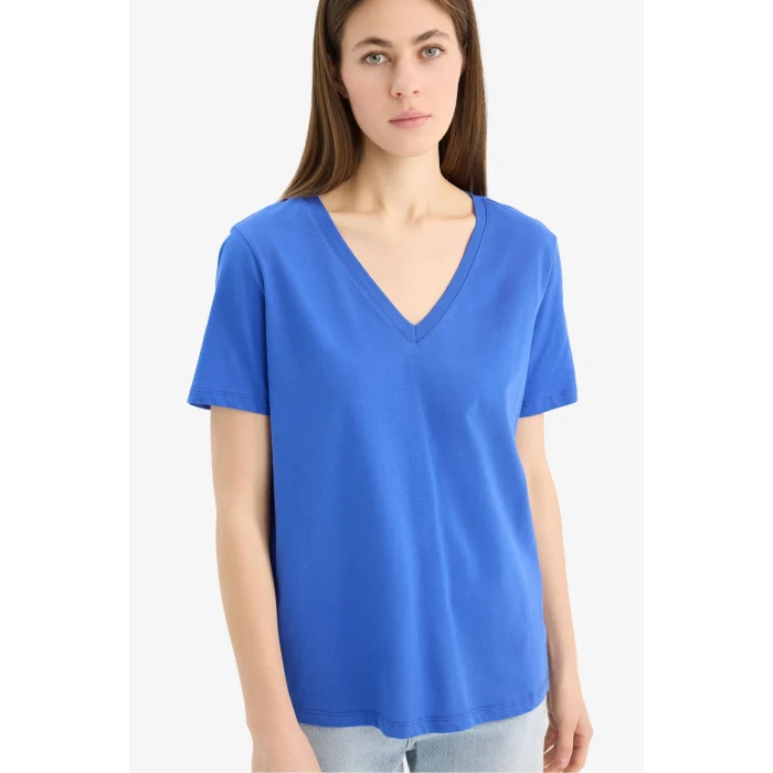 Defacto W9578 Mavi Regular Fit V Yaka Basic Düz Penye Kısa Kollu Tişört
