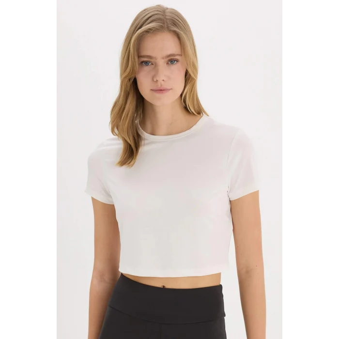 Defacto D7295 Ekru DeFactoFit Crop Bisiklet Yaka Basic Düz Sporcu Kısa Kollu Tişört