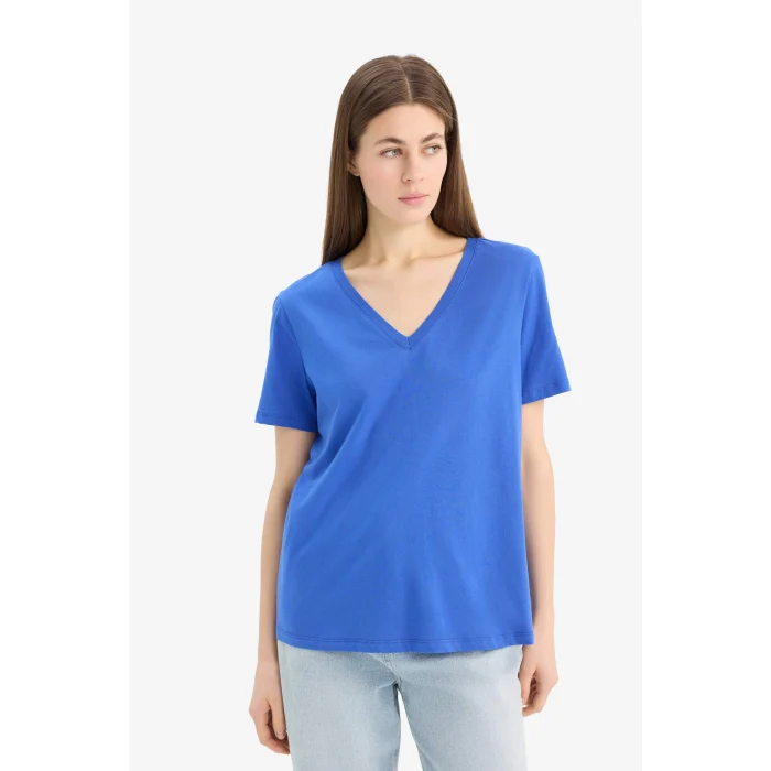 Defacto W9578 Mavi Regular Fit V Yaka Basic Düz Penye Kısa Kollu Tişört
