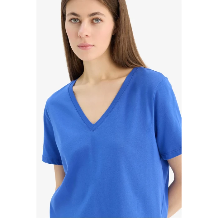Defacto W9578 Mavi Regular Fit V Yaka Basic Düz Penye Kısa Kollu Tişört
