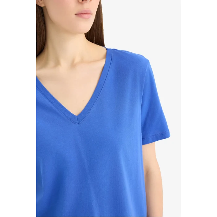 Defacto W9578 Mavi Regular Fit V Yaka Basic Düz Penye Kısa Kollu Tişört