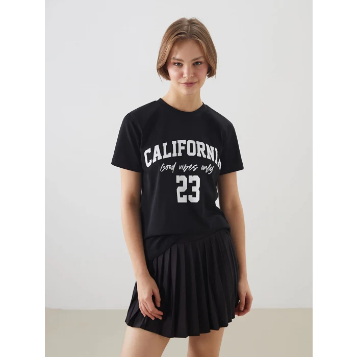 XSIDE Siyah Bisiklet Yaka California Baskılı Kadın Tişört