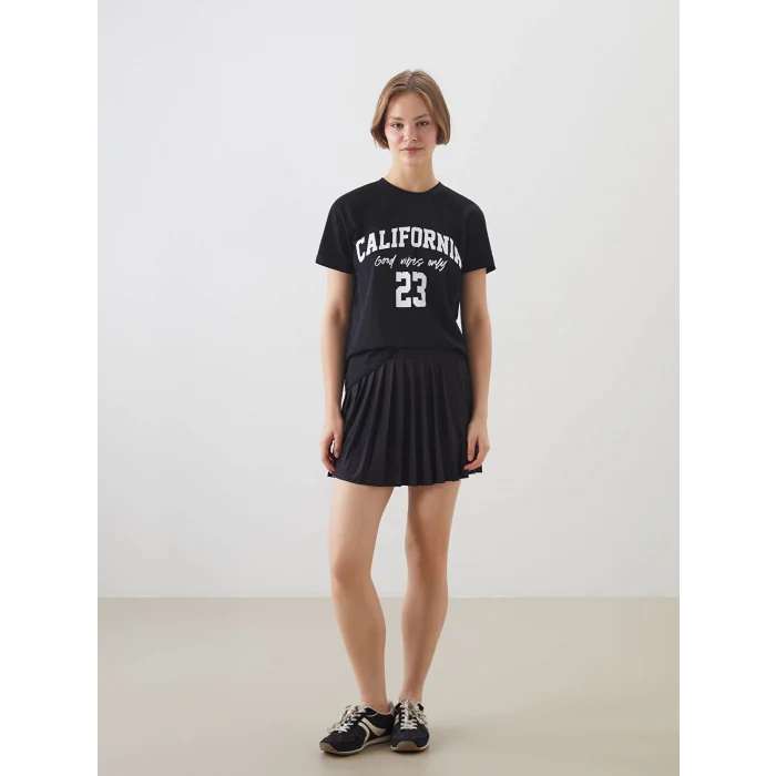 XSIDE Siyah Bisiklet Yaka California Baskılı Kadın Tişört