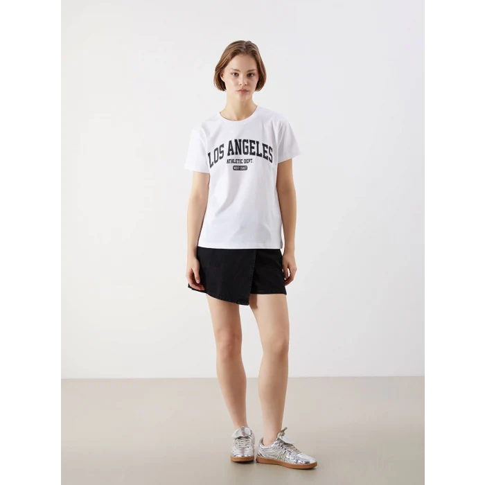 XSIDE Beyaz Bisiklet Yaka Los Angeles Baskılı Kadın Tişört