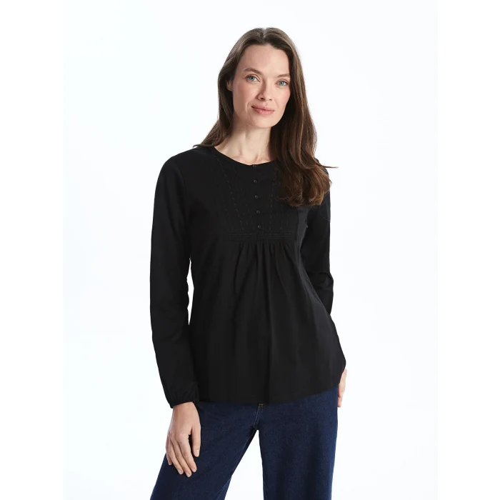 LCW Grace Siyah Bisiklet Yaka Nakışlı Bluz